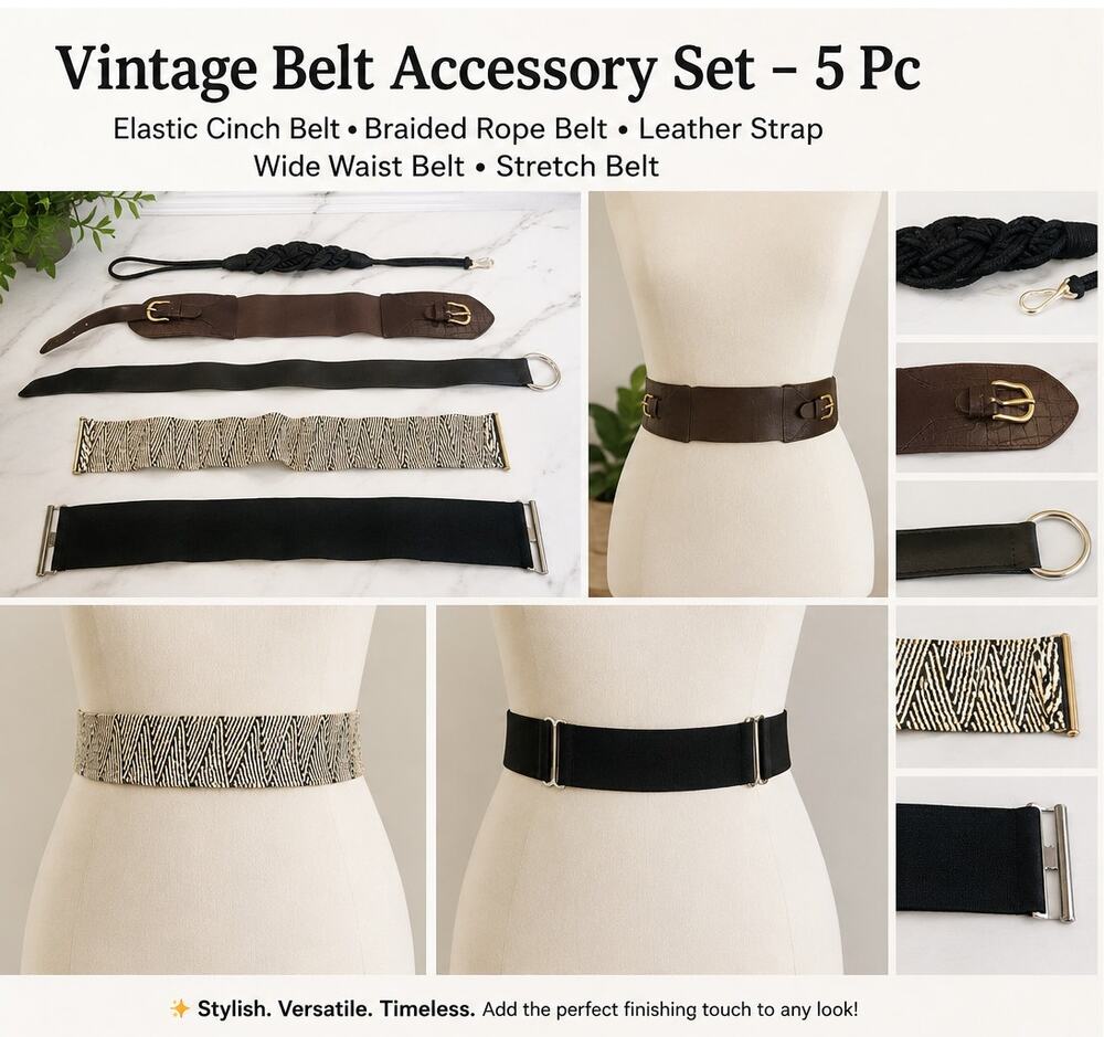 Vintage Lot of 5 Women's Fashion Belts Stretch Wide Rope Leather Mixed Styles